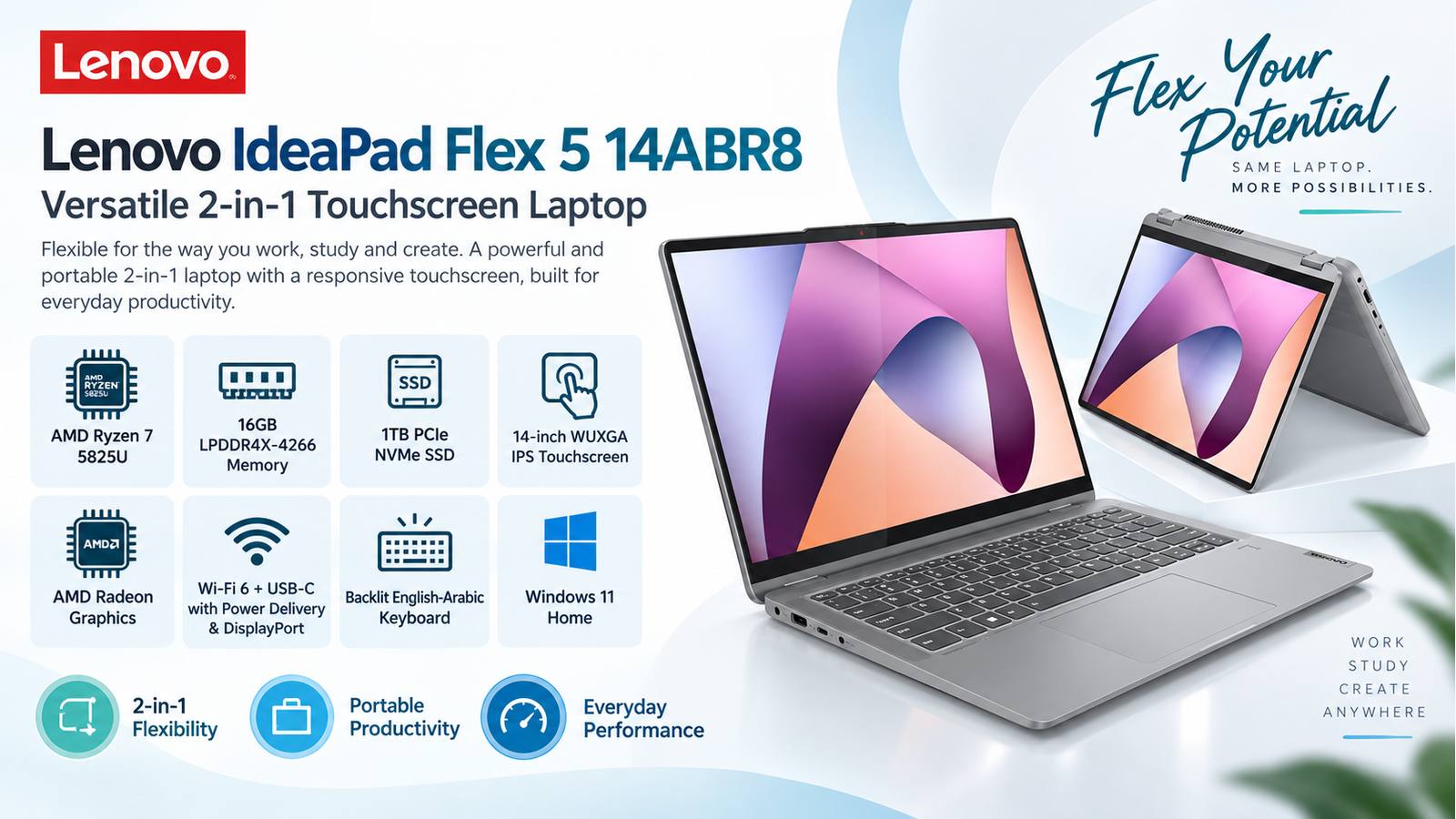 Lenovo IdeaPad Flex 5 14ABR8 2-in-1 Laptop, AMD Ryzen 7 5825U, 16GB LPDDR4X-4266, 1TB PCIe NVMe SSD, 14-inch WUXGA IPS Touchscreen, AMD Radeon Graphics, Windows 11 Home, Backlit English-Arabic Keyboard, Arctic Grey